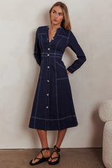 Aspen Love Front Pocket Long Sleeve Midi Dress Indigo