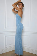Embellished Fishtail Maxi Dress in Light Blue