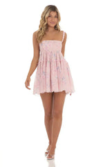 Dotted Floral Babydoll Dress In Pink