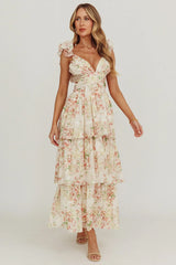 Roselle Backless Ruffle Maxi Dress Floral Multi