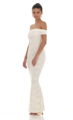 Off Shoulder Sheer Lace Maxi Dress in Cream