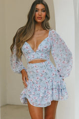 Dearly Beloved Balloon Sleeve Layered Frill Hem Dress Flower Print Blue