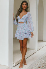 Dearly Beloved Balloon Sleeve Layered Frill Hem Dress Flower Print Blue
