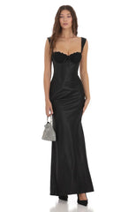 Satin Lace-Bust Dress in Black