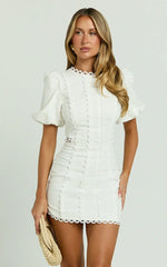 Laila Mini Linen Blend Dress - High Neck Side Cut Out Puff Sleeve Straight Dress in Off White