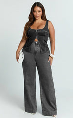 Bellerose Top - Front Zip Denim Fitted Top in Washed Black