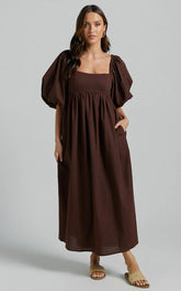 Cenia Midi Dress - Linen Straight Neck Shirred Back Puff Sleeve Dress in Dark Oak