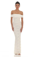 Off Shoulder Sheer Lace Maxi Dress in Cream