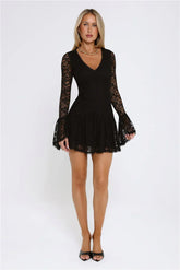 Gilded Lace Nights Long Sleeve Mini Dress Black