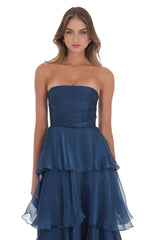 Corset Ruffle Strapless Maxi Dress in Navy