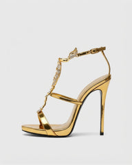 Pia Rhinestone Scorpion Strap Sandals In Gold