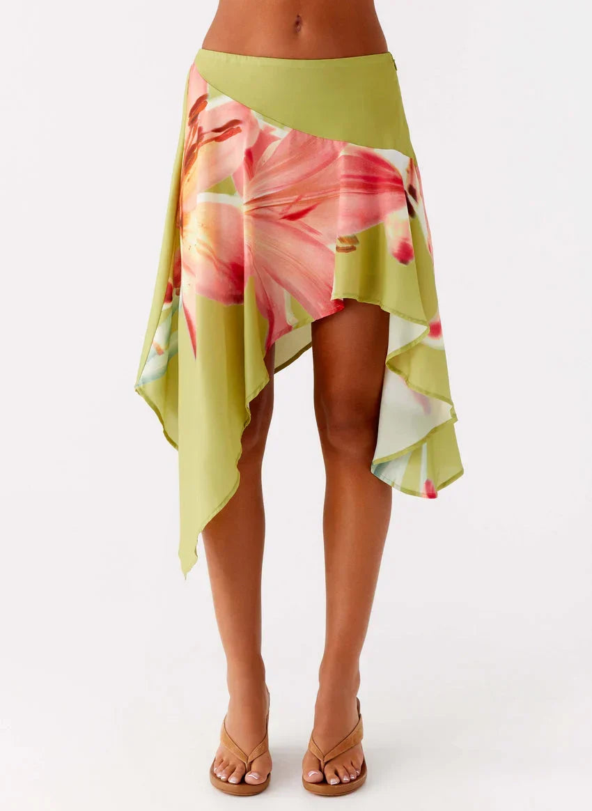 Kia Low Rise Asymmetrical Midi Skirt - Jungle Floral