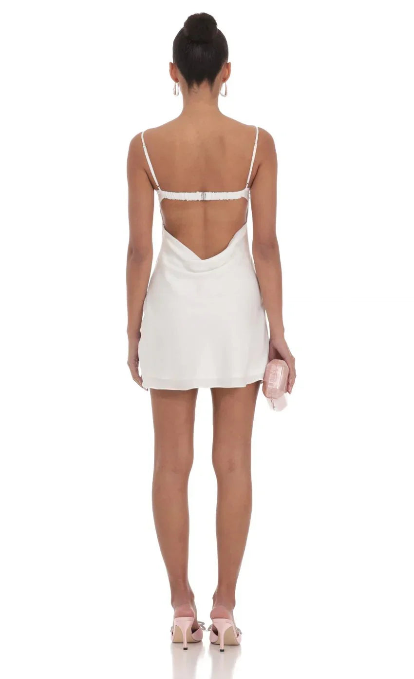 Satin Open Back Dress in White