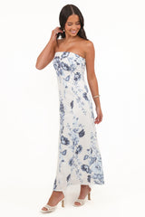 Tamira Strapless Midi Dress - Blue Floral