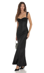 Satin Lace-Bust Dress in Black