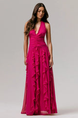 Bea | Hot Pink Plunge-Neck Ruffled Maxi Dress