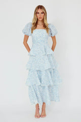 Giavana Puff Sleeve Layered Maxi Dress Floral Blue