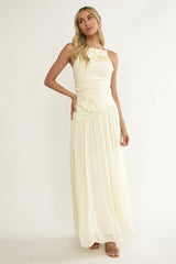 Brighten Drop Waist Flower Accent Maxi Dress Butter