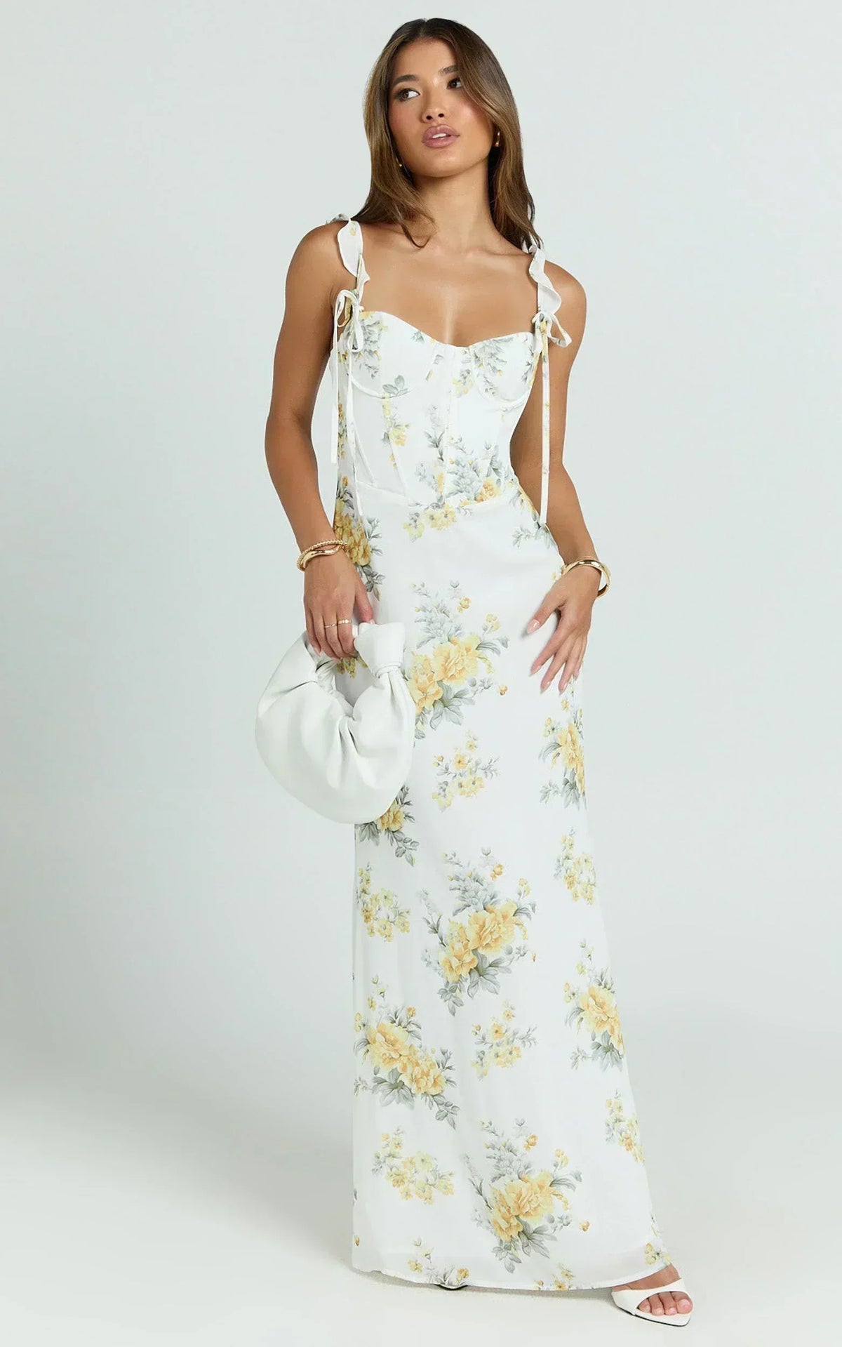 Mabel Maxi Dress - Georgette Frill Sleeve Sweetheart Bias Cut Dress in Antique Florals