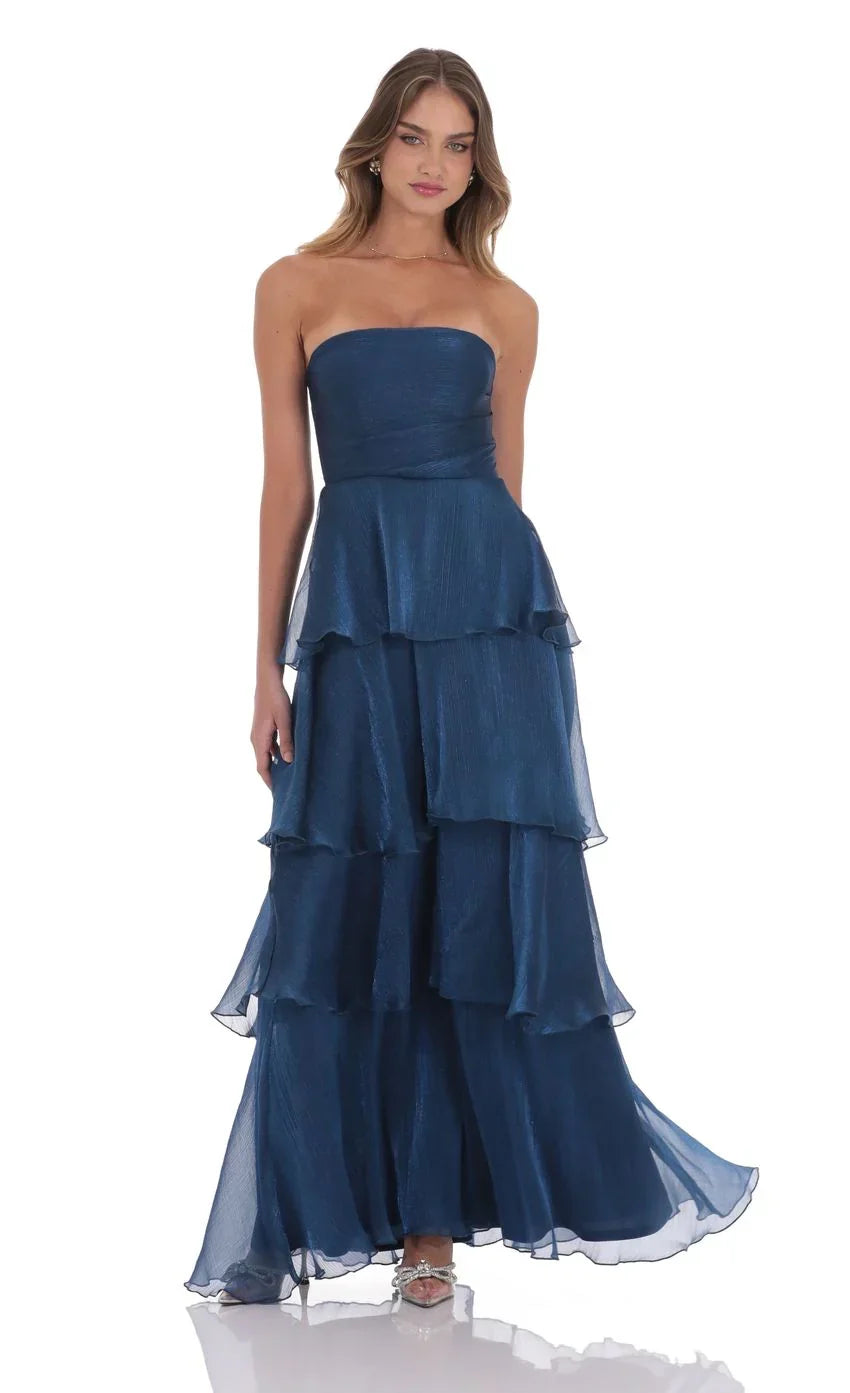 Corset Ruffle Strapless Maxi Dress in Navy