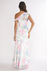 Lylah Asymmetric Neckline Mesh Maxi Dress Floral Blue
