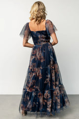 Nicola Tulle Maxi Dress | Dark Blue Floral